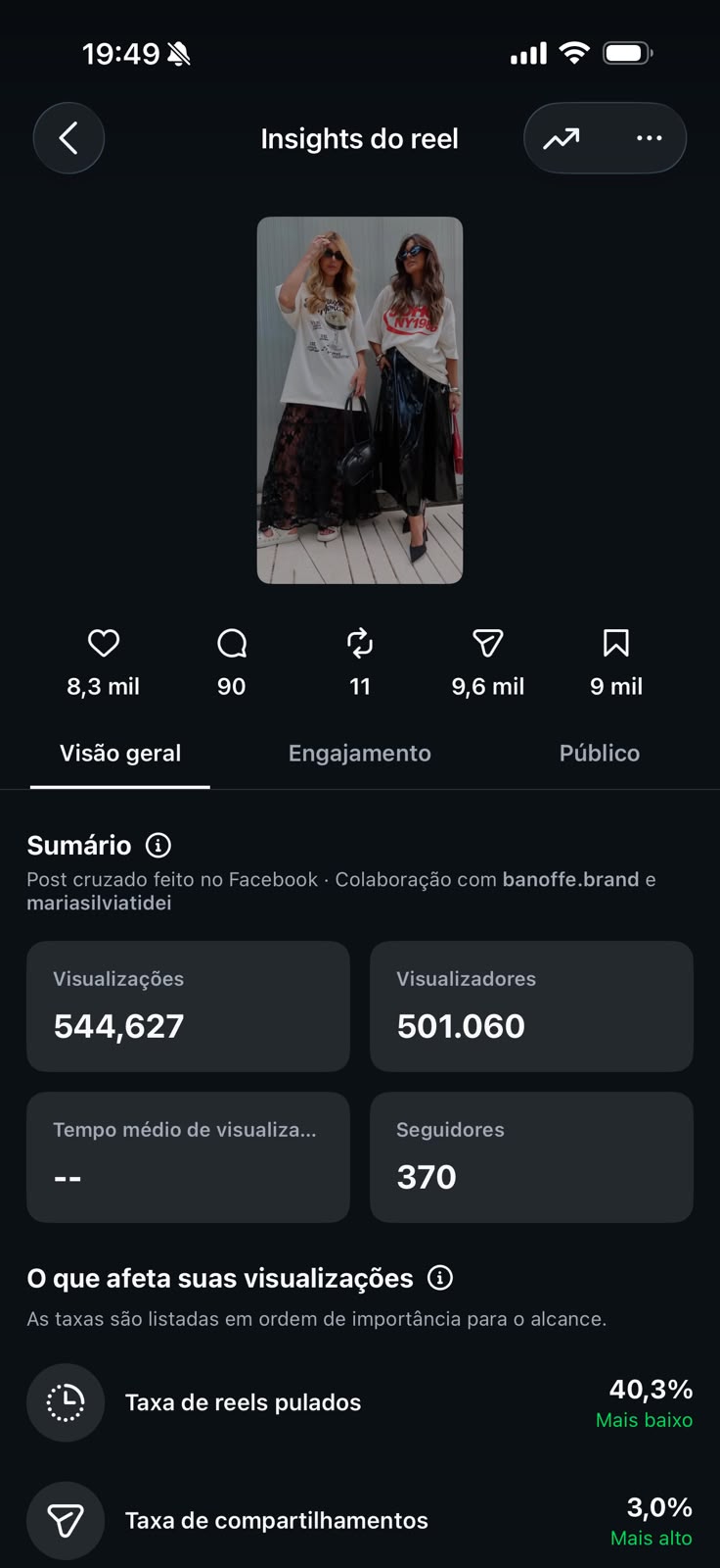 Print de Insights do reel com 544.627 visualizações
